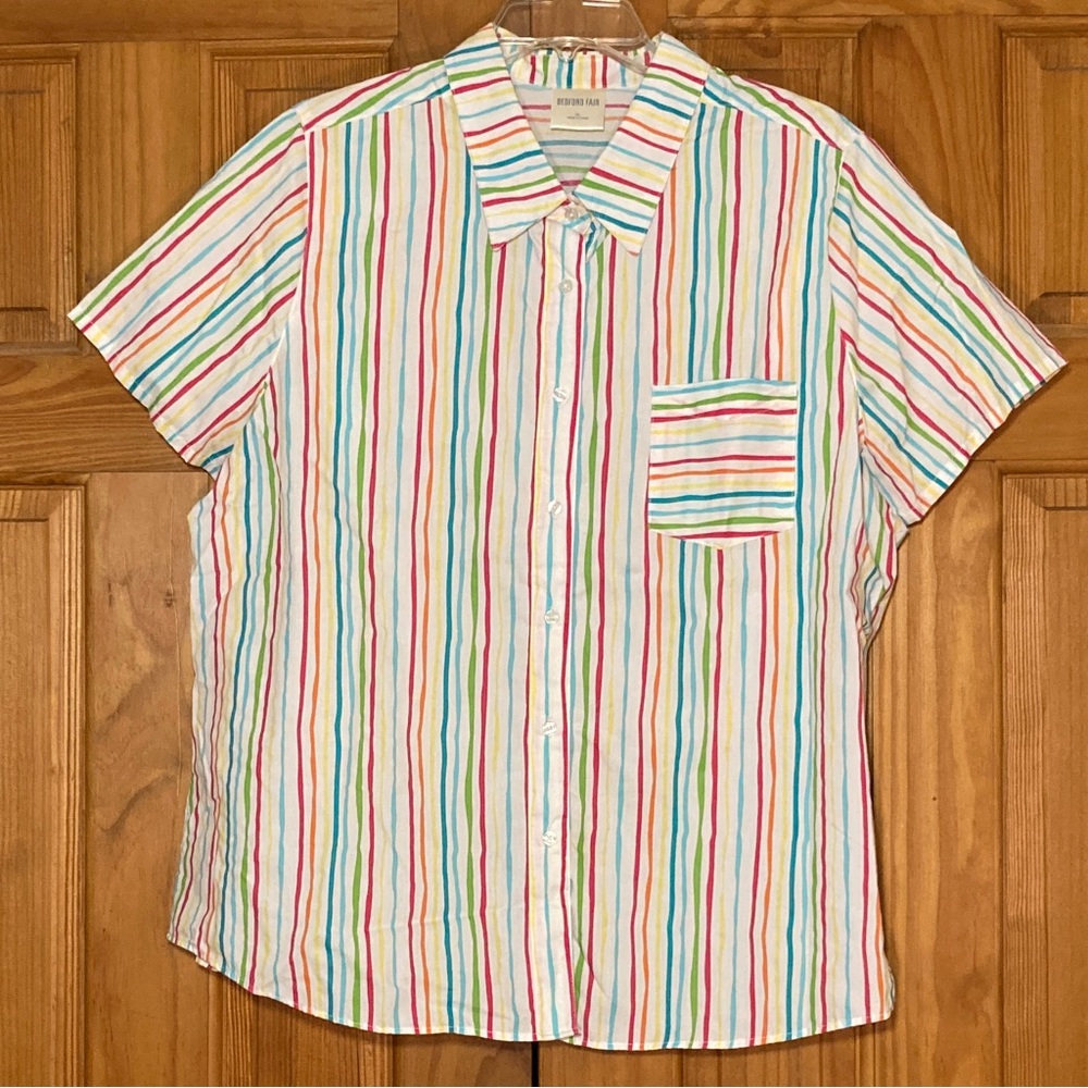 NWOT Bedford Fair Vintage 90s Top Short Sleeve Blouse White Red Blue Size XL